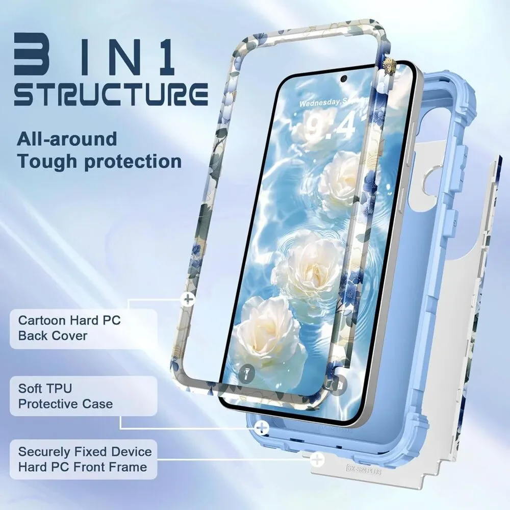 Flower Pattern Compatible with Samsung Galaxy S25 Full-Body Protective Blue